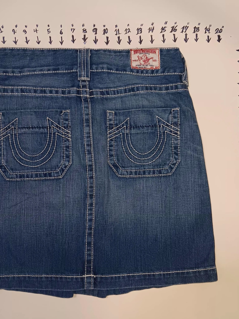 True Religion Blue Denim Mini Skirt with Signature Back Pockets